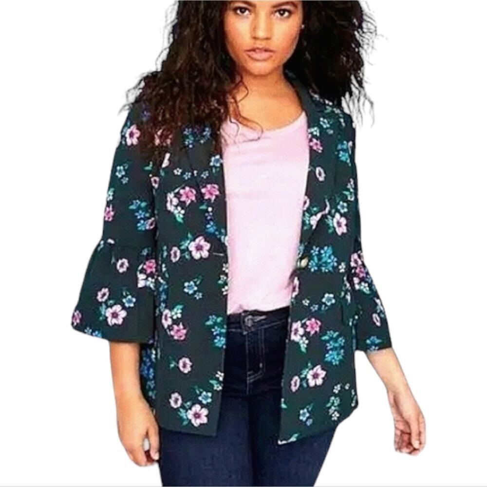 Lane Bryant Dark Green and Purple Floral 3/4 Bell Sleeve Bryant Blazer Plus 28